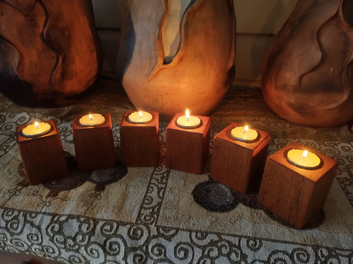 Set of 6, Silky Oak, single tea lights.